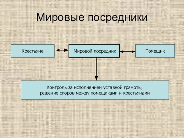 Мировые посредники Мировой посредник Помещик Крестьяне Контроль за исполнением уставной грамоты, решение