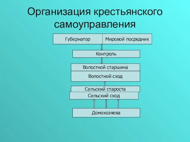 Организация крестьянского самоуправления Контроль Волостной старшина Волостной сход Сельский староста Сельский сход Домохозяева Мировой посредник Губернатор