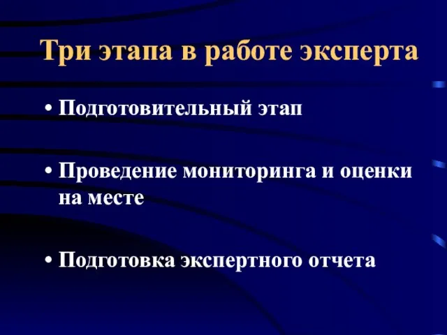 Подготовительный этап Проведение мониторинга и оценки на месте Подготовка экспертного отчета Три этапа в работе эксперта