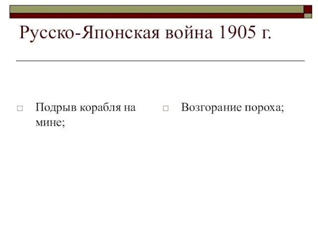 Русско-Японская война 1905 г. Подрыв корабля на мине; Возгорание пороха;