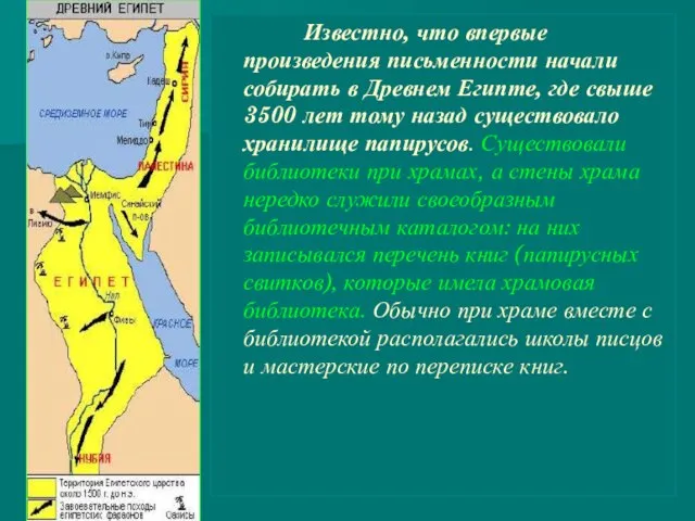 Известно, что впервые произведения письменности начали собирать в Древнем Египте, где свыше