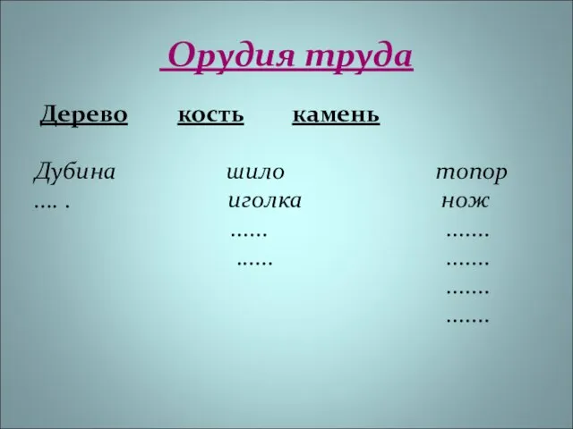 Орудия труда Дерево кость камень Дубина шило топор .... . иголка нож