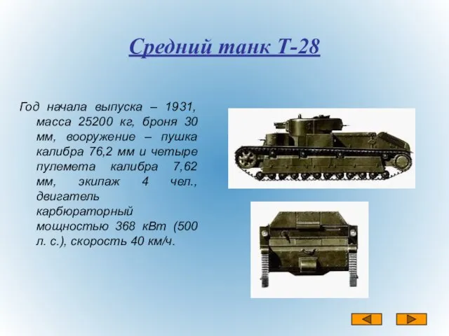 Средний танк Т-28 Год начала выпуска – 1931, масса 25200 кг, броня