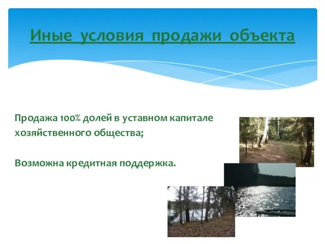 Продажа 100% долей в уставном капитале хозяйственного общества; Возможна кредитная поддержка. Иные условия продажи объекта