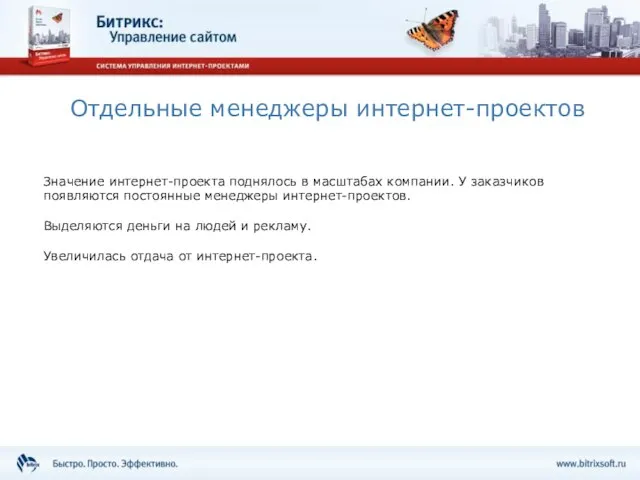Отдельные менеджеры интернет-проектов Значение интернет-проекта поднялось в масштабах компании. У заказчиков появляются