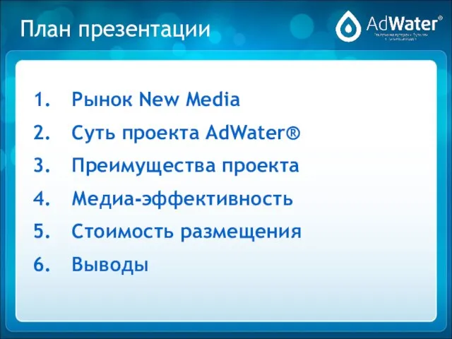 План презентации Рынок New Media Суть проекта AdWater® Преимущества проекта Медиа-эффективность Стоимость размещения Выводы