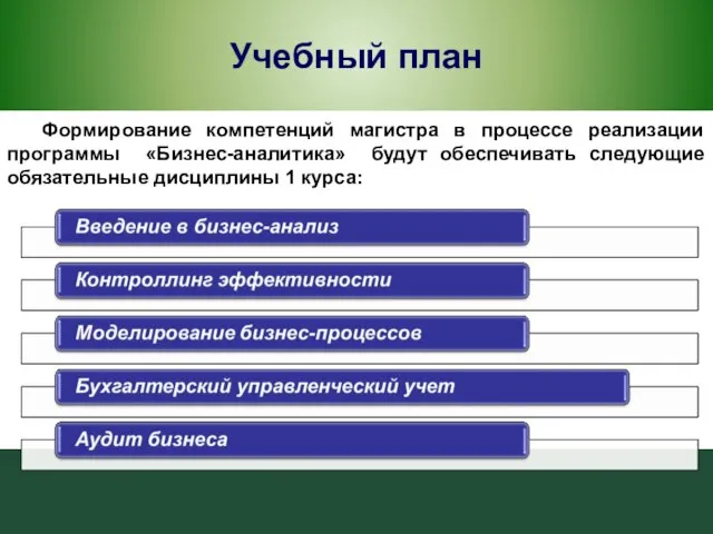 Учебный план Формирование компетенций магистра в процессе реализации программы «Бизнес-аналитика» будут обеспечивать