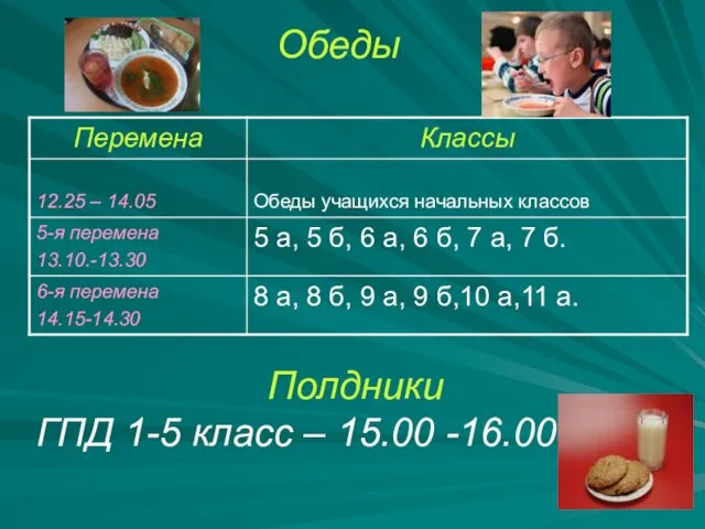 Обеды Полдники ГПД 1-5 класс – 15.00 -16.00