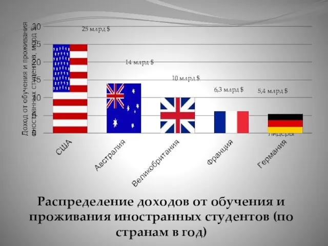 Распределение доходов от обучения и проживания иностранных студентов (по странам в год)