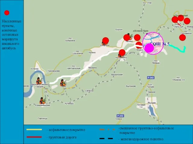 Населенные пункты, конечные остановки маршрута школьного автобуса - асфальтовое покрытие - грунтовая