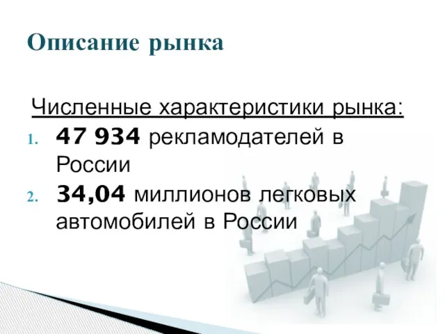 Численные характеристики рынка: 47 934 рекламодателей в России 34,04 миллионов легковых автомобилей в России Описание рынка