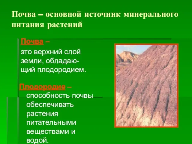 Плодородие – способность почвы обеспечивать растения питательными веществами и водой. Почва –