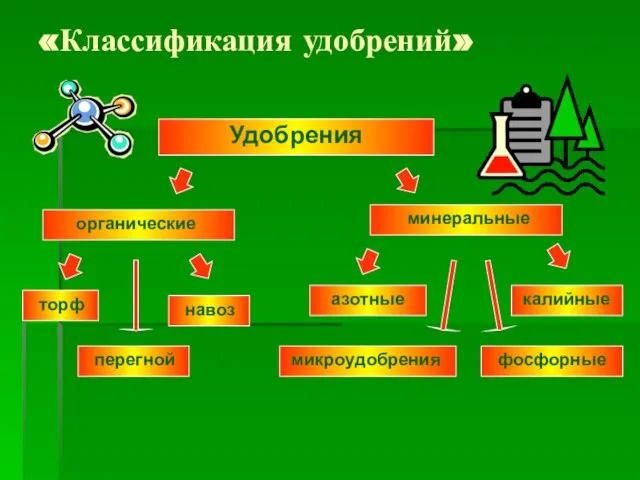 «Классификация удобрений» Удобрения органические минеральные торф навоз перегной азотные калийные фосфорные микроудобрения