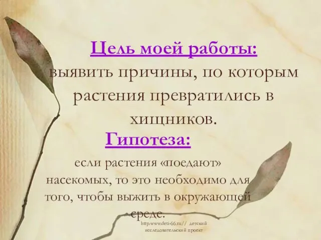 Цель моей работы: выявить причины, по которым растения превратились в хищников. Гипотеза: