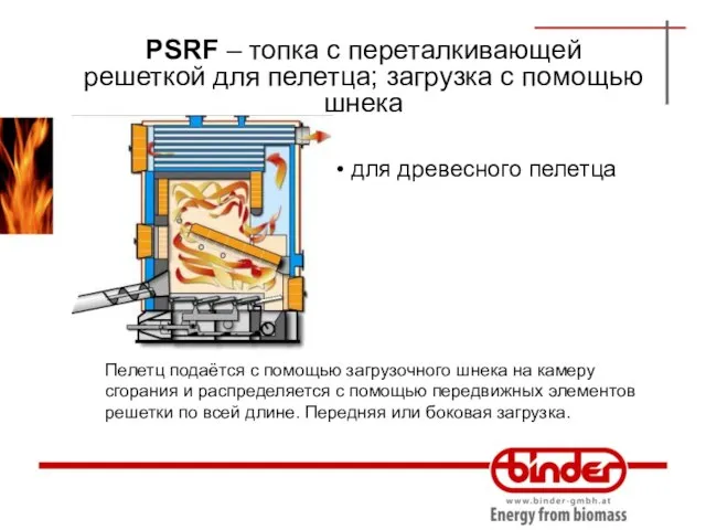 PSRF – топка с переталкивающей решеткой для пелетца; загрузка с помощью шнека