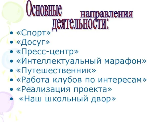 «Спорт» «Досуг» «Пресс-центр» «Интеллектуальный марафон» «Путешественник» «Работа клубов по интересам» «Реализация проекта»