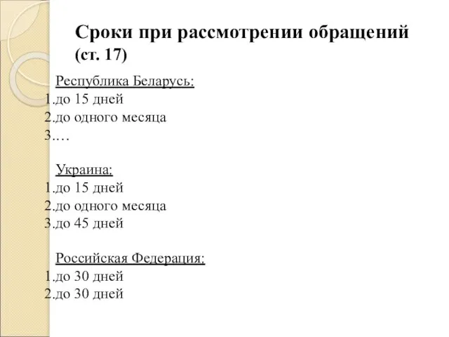 Сроки при рассмотрении обращений (ст. 17) Республика Беларусь: до 15 дней до