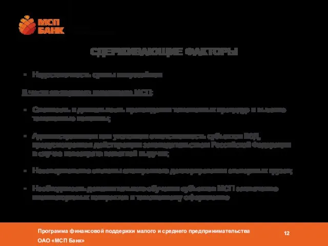 СДЕРЖИВАЮЩИЕ ФАКТОРЫ Недостаточность суммы микрозаймов В части экспортного потенциала МСП: Сложность и