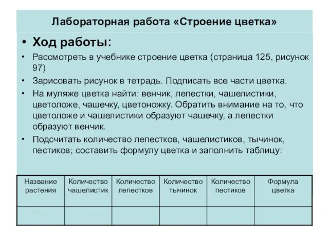 Лабораторная работа «Строение цветка» Ход работы: Рассмотреть в учебнике строение цветка (страница