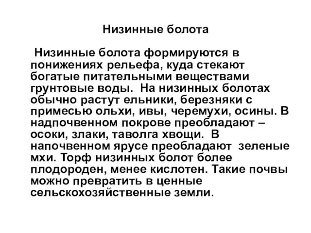 Низинные болота Низинные болота формируются в понижениях рельефа, куда стекают богатые питательными