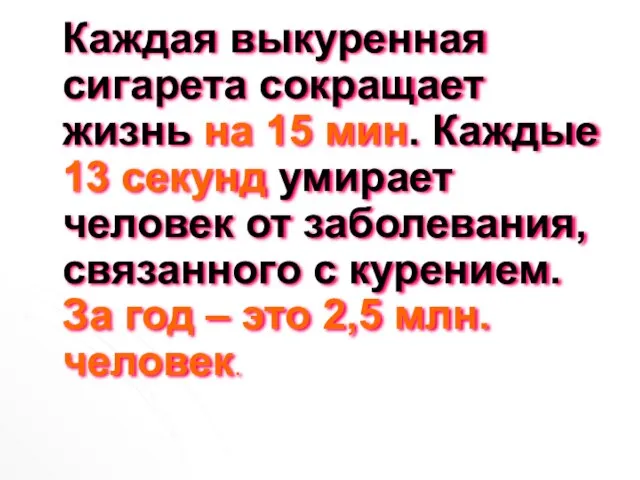 Каждая выкуренная сигарета сокращает жизнь на 15 мин. Каждые 13 секунд умирает