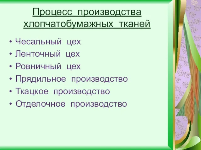 Процесс производства хлопчатобумажных тканей Чесальный цех Ленточный цех Ровничный цех Прядильное производство Ткацкое производство Отделочное производство