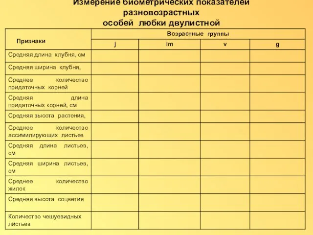 Измерение биометрических показателей разновозрастных особей любки двулистной