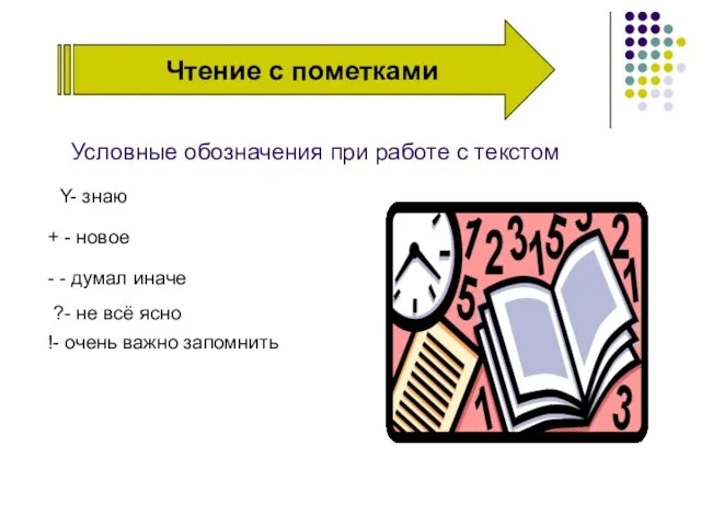 Чтение с пометками Условные обозначения при работе с текстом Y- знаю +