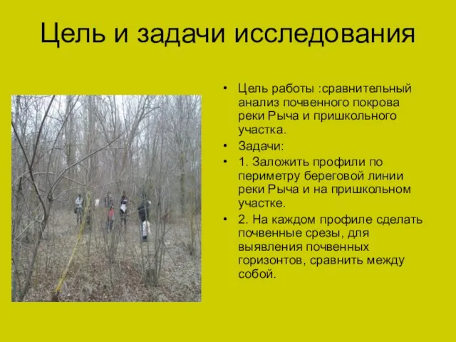 Цель и задачи исследования Цель работы :сравнительный анализ почвенного покрова реки Рыча