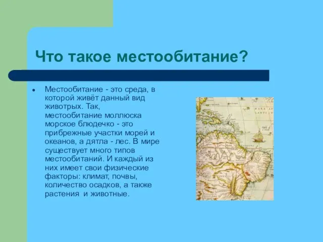 Что такое местообитание? Местообитание - это среда, в которой живёт данный вид