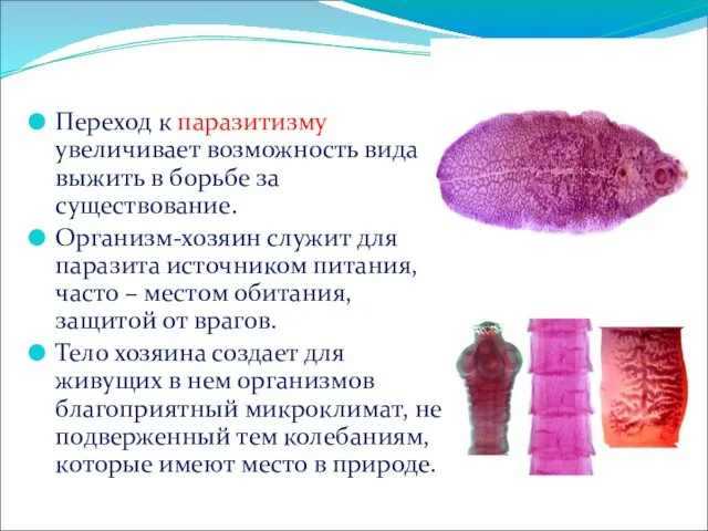 Переход к паразитизму увеличивает возможность вида выжить в борьбе за существование. Организм-хозяин