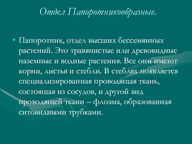 Отдел Папоротникообразные. Папоротник, отдел высших бессемянных растений. Это травянистые или древовидные наземные