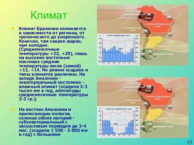 Климат Климат Бразилии изменяется в зависимости от региона, от тропического до умеренного.