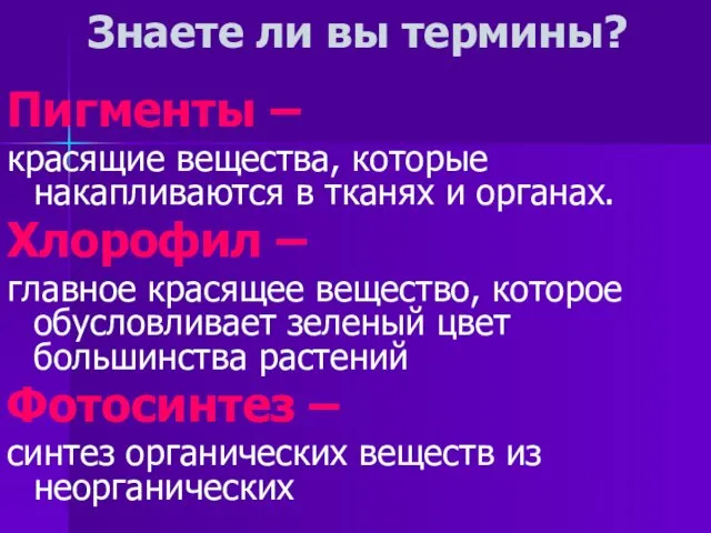 Знаете ли вы термины? Пигменты – красящие вещества, которые накапливаются в тканях