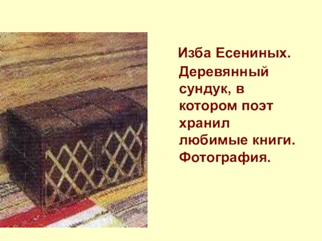 Изба Есениных. Деревянный сундук, в котором поэт хранил любимые книги. Фотография.