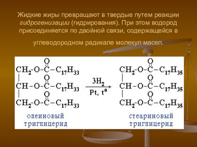 Жидкие жиры превращают в твердые путем реакции гидрогенизации (гидрирования). При этом водород