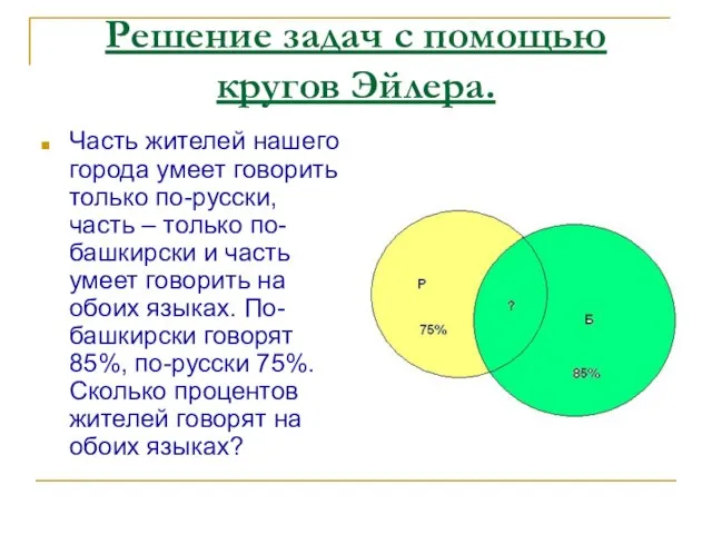 Решение задач с помощью кругов Эйлера. Часть жителей нашего города умеет говорить