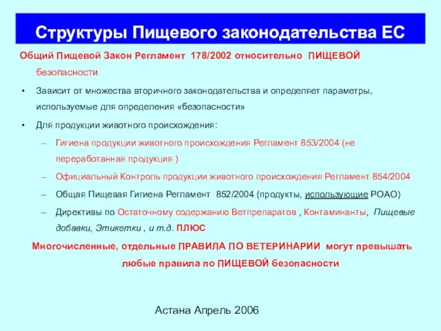 Астана Апрель 2006 Структуры Пищевого законодательства ЕС Общий Пищевой Закон Регламент 178/2002