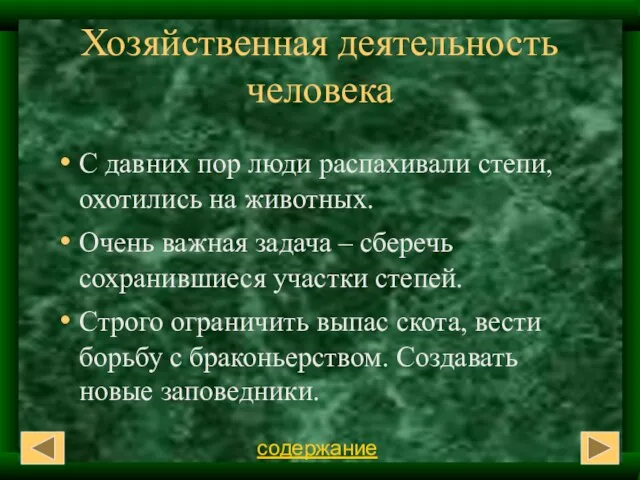 Хозяйственная деятельность человека С давних пор люди распахивали степи, охотились на животных.