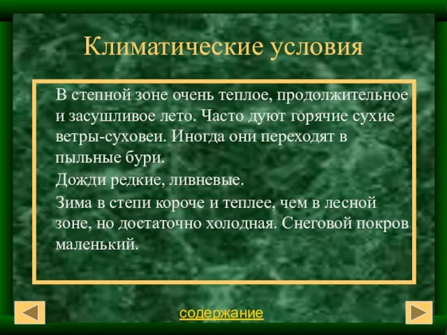 Климатические условия В степной зоне очень теплое, продолжительное и засушливое лето. Часто