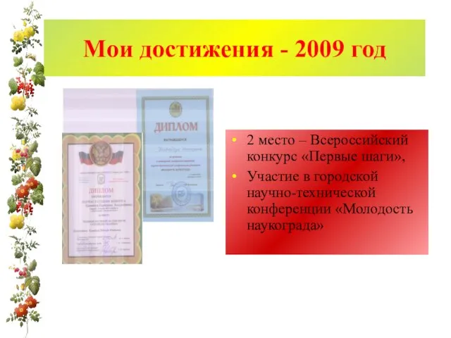 Мои достижения - 2009 год 2 место – Всероссийский конкурс «Первые шаги»,