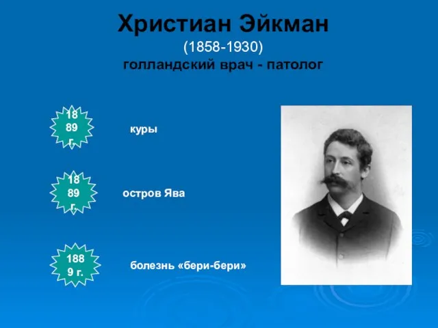 Христиан Эйкман (1858-1930) голландский врач - патолог 1889 г. 1889 г. 1889