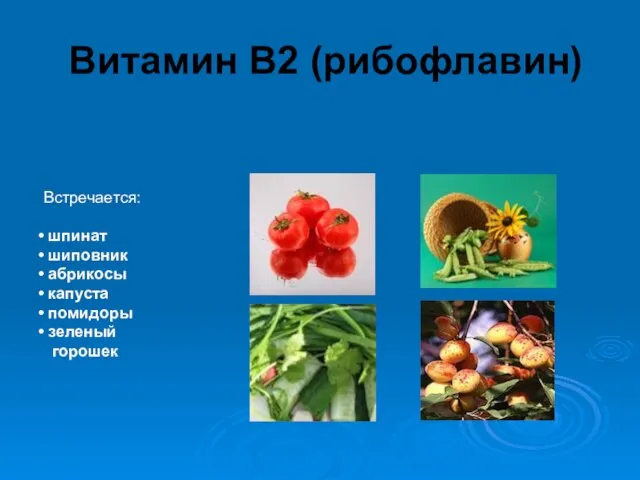 Витамин В2 (рибофлавин) Встречается: шпинат шиповник абрикосы капуста помидоры зеленый горошек