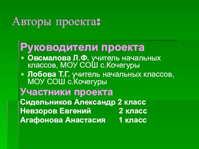 Авторы проекта: Руководители проекта Овсмалова Л.Ф. учитель начальных классов, МОУ СОШ с.Кочегуры