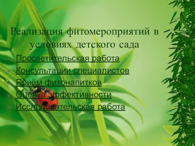 Реализация фитомероприятий в условиях детского сада Просветительская работа Консультации специалистов Приём фитонапитков Оценка эффективности Исследовательская работа