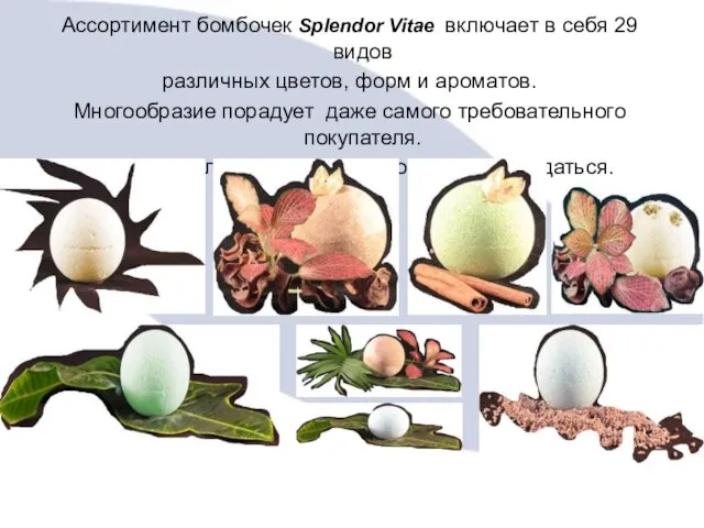 Ассортимент бомбочек Splendor Vitae включает в себя 29 видов различных цветов, форм