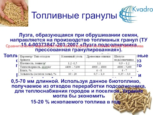 Топливные гранулы Лузга, образующаяся при обрушивании семян, направляется на производство топливных гранул