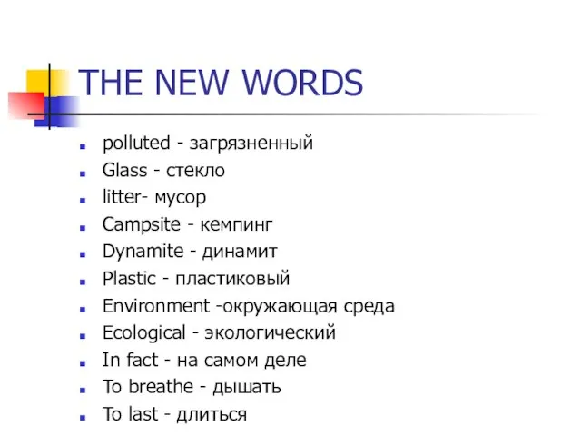 THE NEW WORDS polluted - загрязненный Glass - стекло litter- мусор Campsite