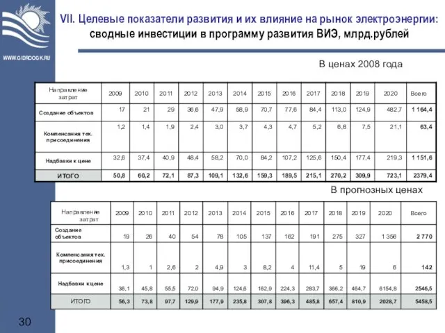 VII. Целевые показатели развития и их влияние на рынок электроэнергии: сводные инвестиции