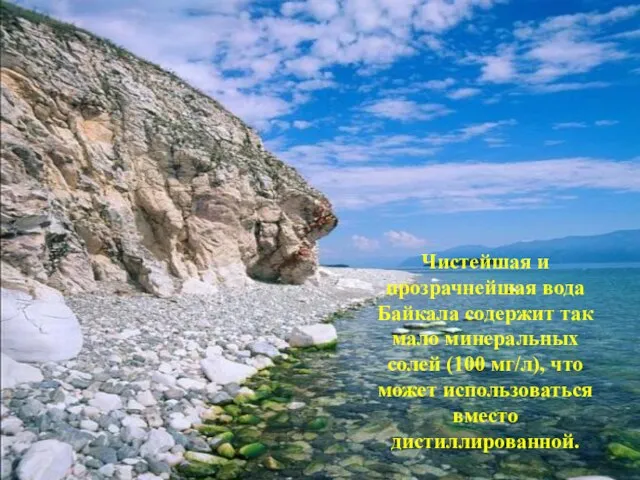 Чистейшая и прозрачнейшая вода Байкала содержит так мало минеральных солей (100 мг/л),